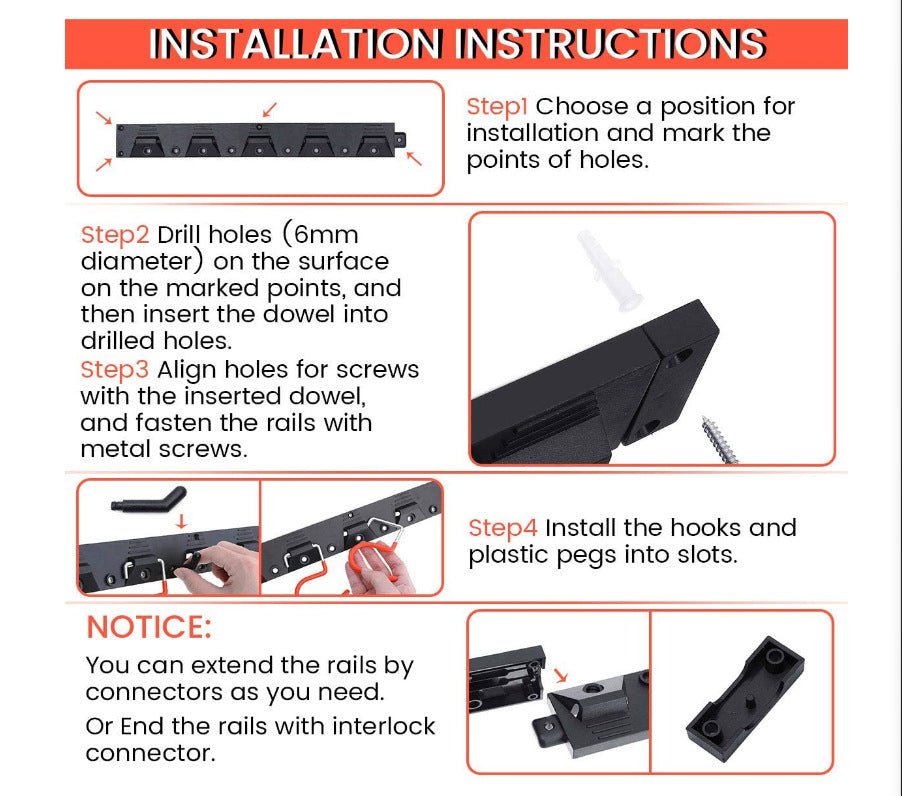Wall Mount Garage Tool Organizer - Heavy Duty Metal Rack with 5 Storage Hooks & Screws - Marify
