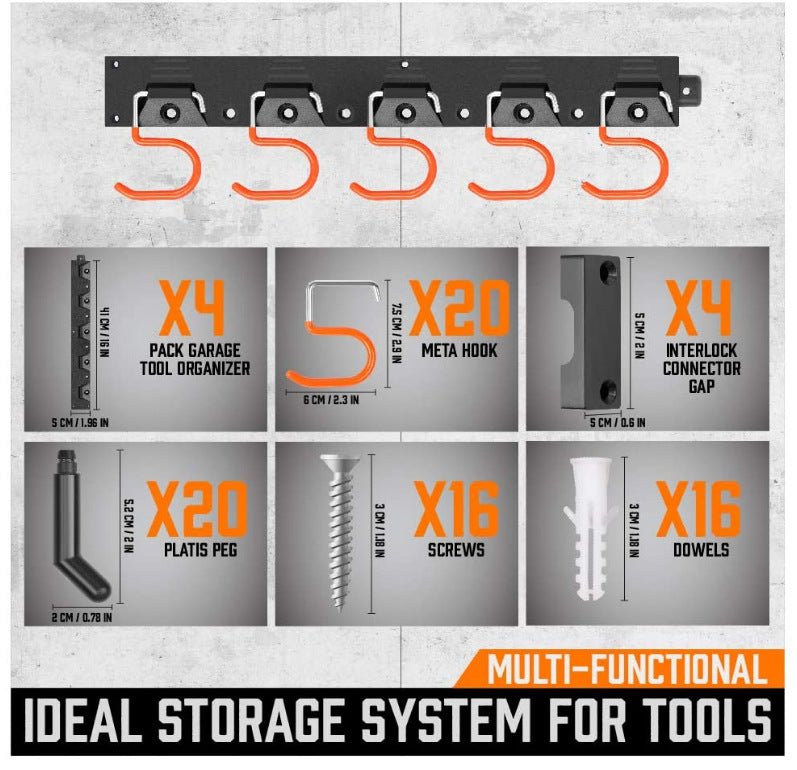 Wall Mount Garage Tool Organizer - Heavy Duty Metal Rack with 5 Storage Hooks & Screws - Marify