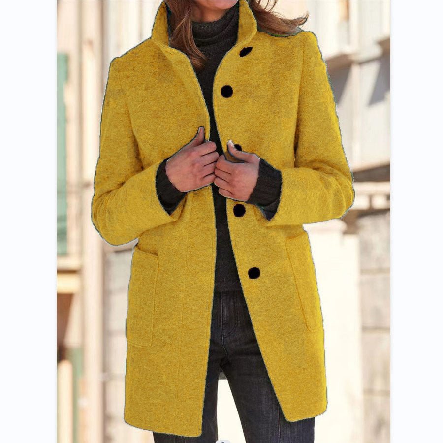 Women's Woolen Stand Collar Coat - Casual Button Outwear with Pockets | Fall Winter - Marify