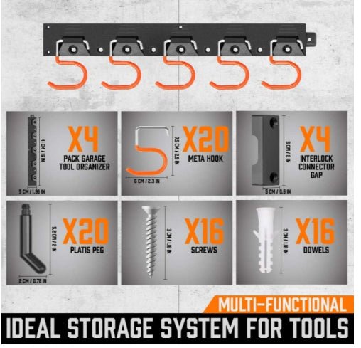 Wall Mount Garage Tool Organizer - Heavy Duty Metal Rack with 5 Storage Hooks & Screws - Marify