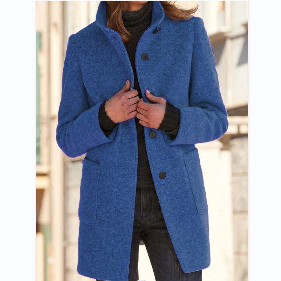 Women's Woolen Stand Collar Coat - Casual Button Outwear with Pockets | Fall Winter - Marify
