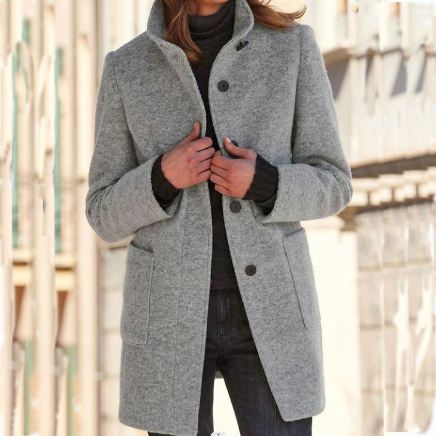 Women's Woolen Stand Collar Coat - Casual Button Outwear with Pockets | Fall Winter - Marify