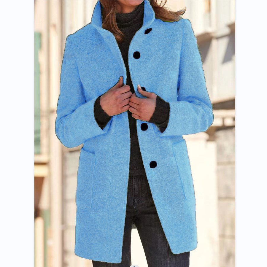 Women's Woolen Stand Collar Coat - Casual Button Outwear with Pockets | Fall Winter - Marify