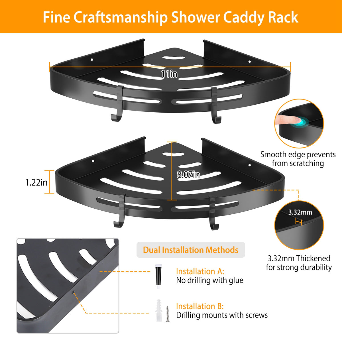 2-Piece Corner Shower Caddy Shelf - Adhesive Wall Mount Aluminum Bathroom Storage Rack Organizer - Marify