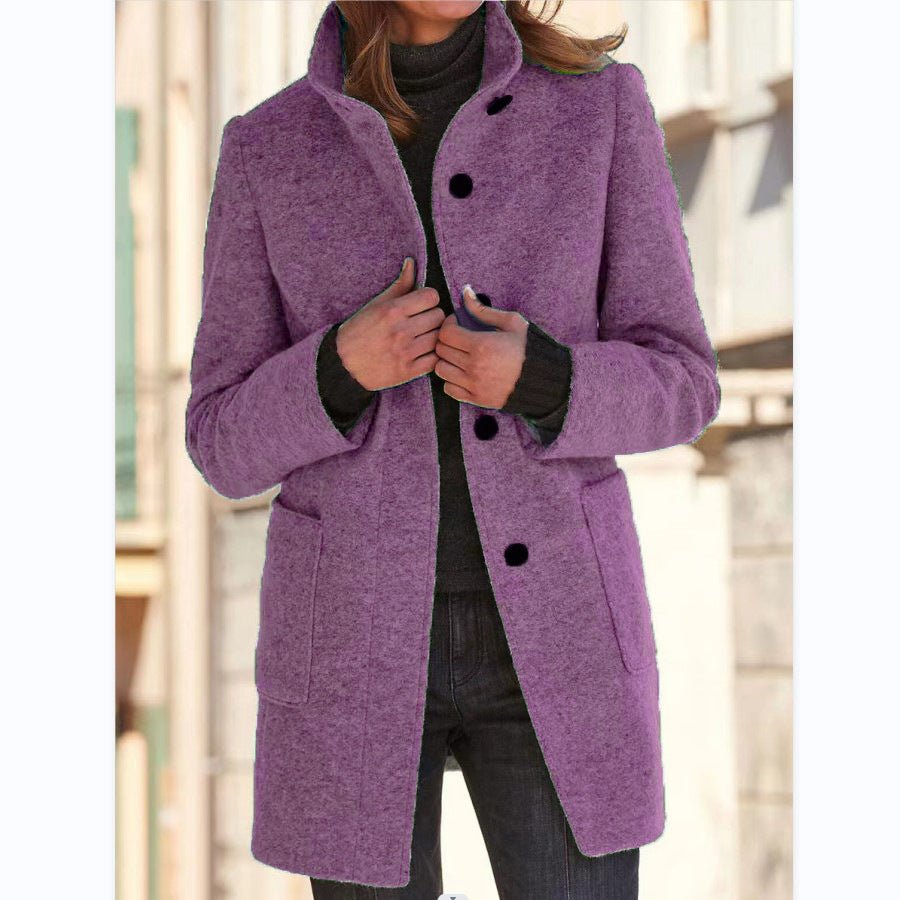 Women's Woolen Stand Collar Coat - Casual Button Outwear with Pockets | Fall Winter - Marify