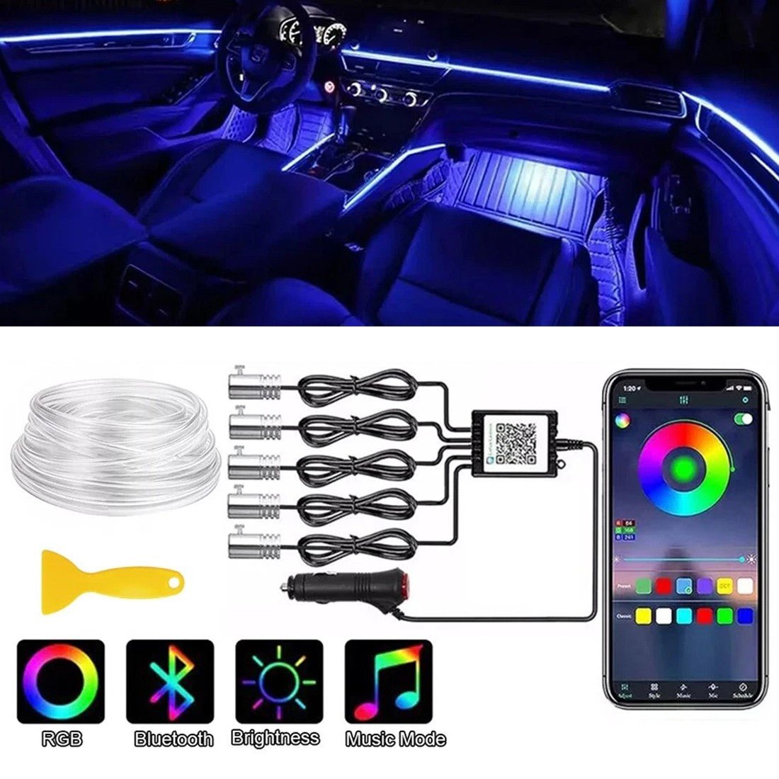 APP Control 5-in-1 RGB LED Car Interior Strip Light - Ambient Atmosphere Lighting Kit - Marify
