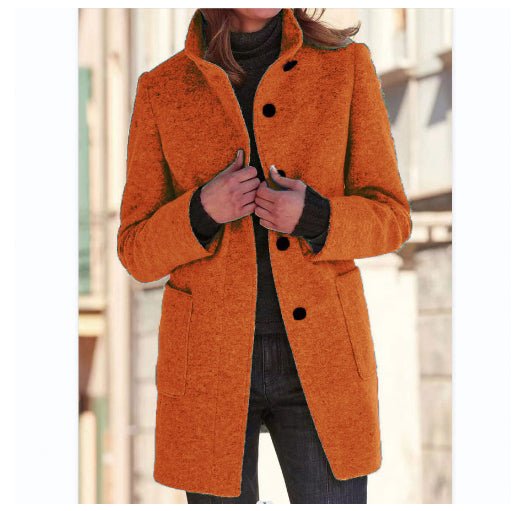 Women's Woolen Stand Collar Coat - Casual Button Outwear with Pockets | Fall Winter - Marify