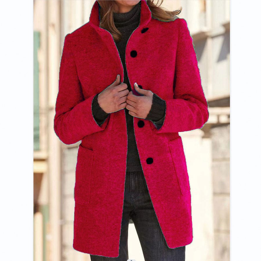 Women's Woolen Stand Collar Coat - Casual Button Outwear with Pockets | Fall Winter - Marify