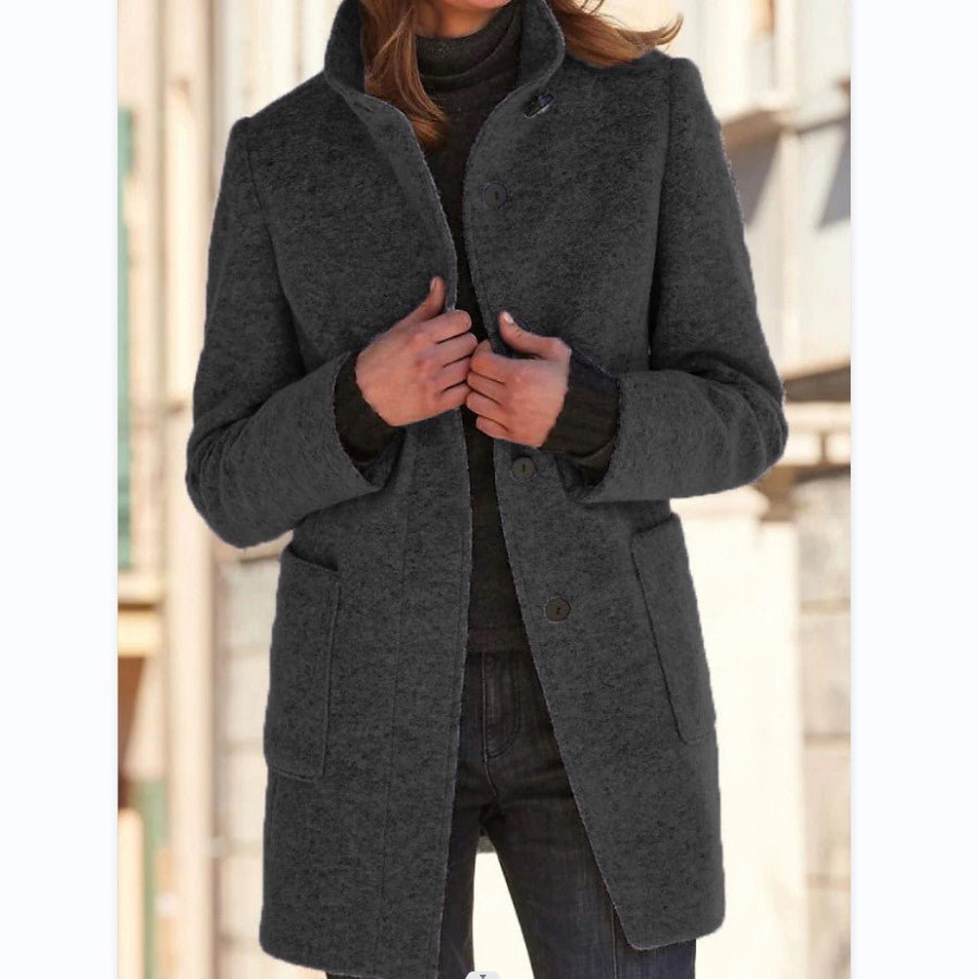 Women's Woolen Stand Collar Coat - Casual Button Outwear with Pockets | Fall Winter - Marify