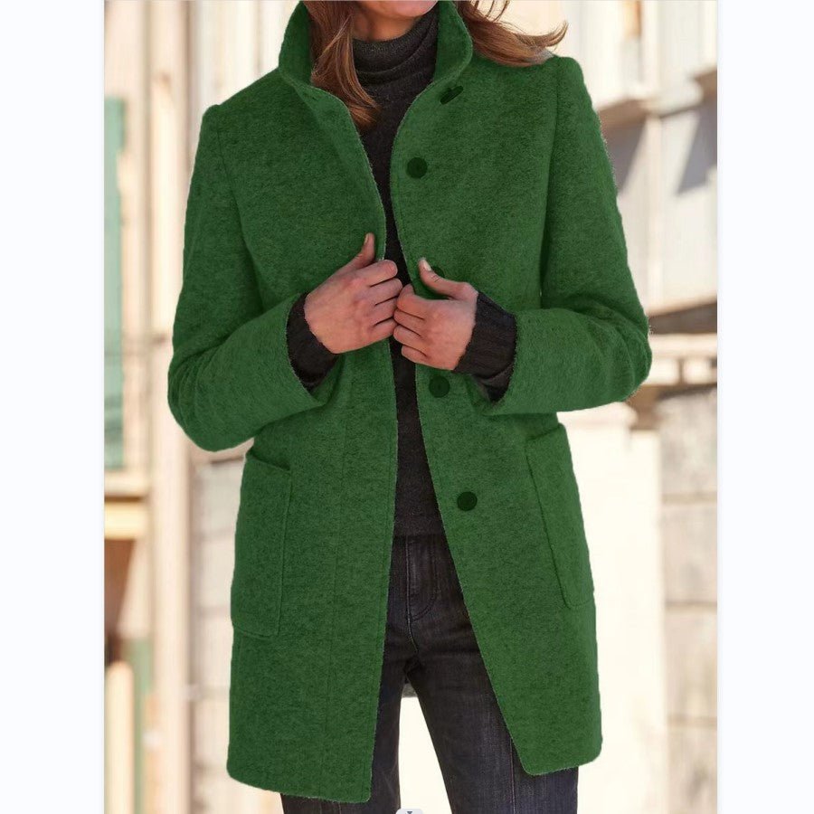 Women's Woolen Stand Collar Coat - Casual Button Outwear with Pockets | Fall Winter - Marify