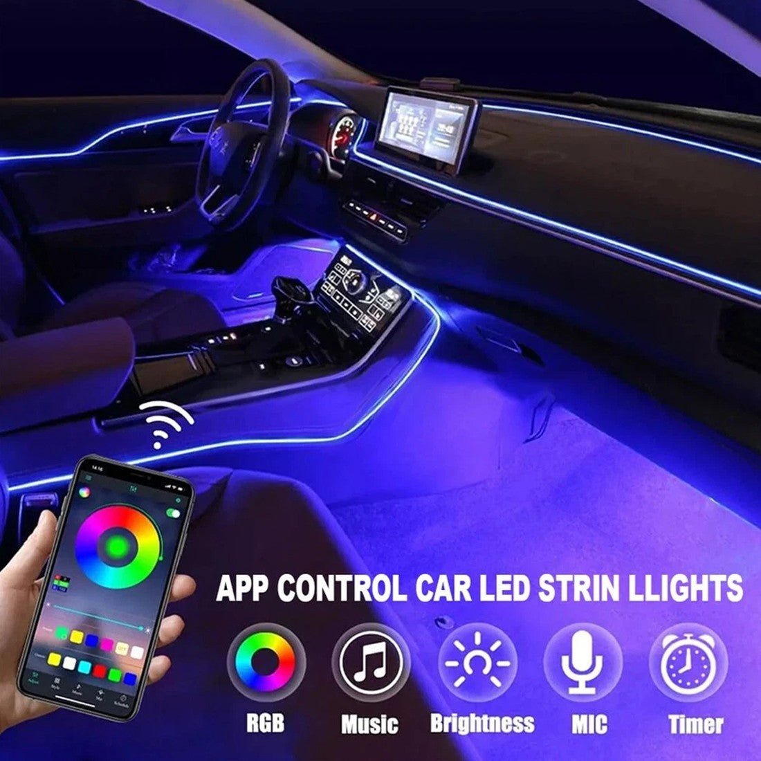 APP Control 5-in-1 RGB LED Car Interior Strip Light - Ambient Atmosphere Lighting Kit - Marify