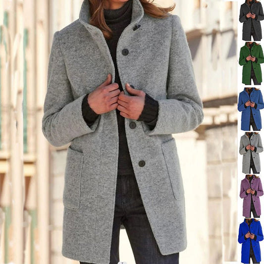 Women's Woolen Stand Collar Coat - Casual Button Outwear with Pockets | Fall Winter - Marify
